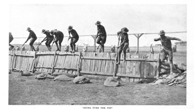 36th Division recruits going over the top at Camp Bowie, Fort Worth